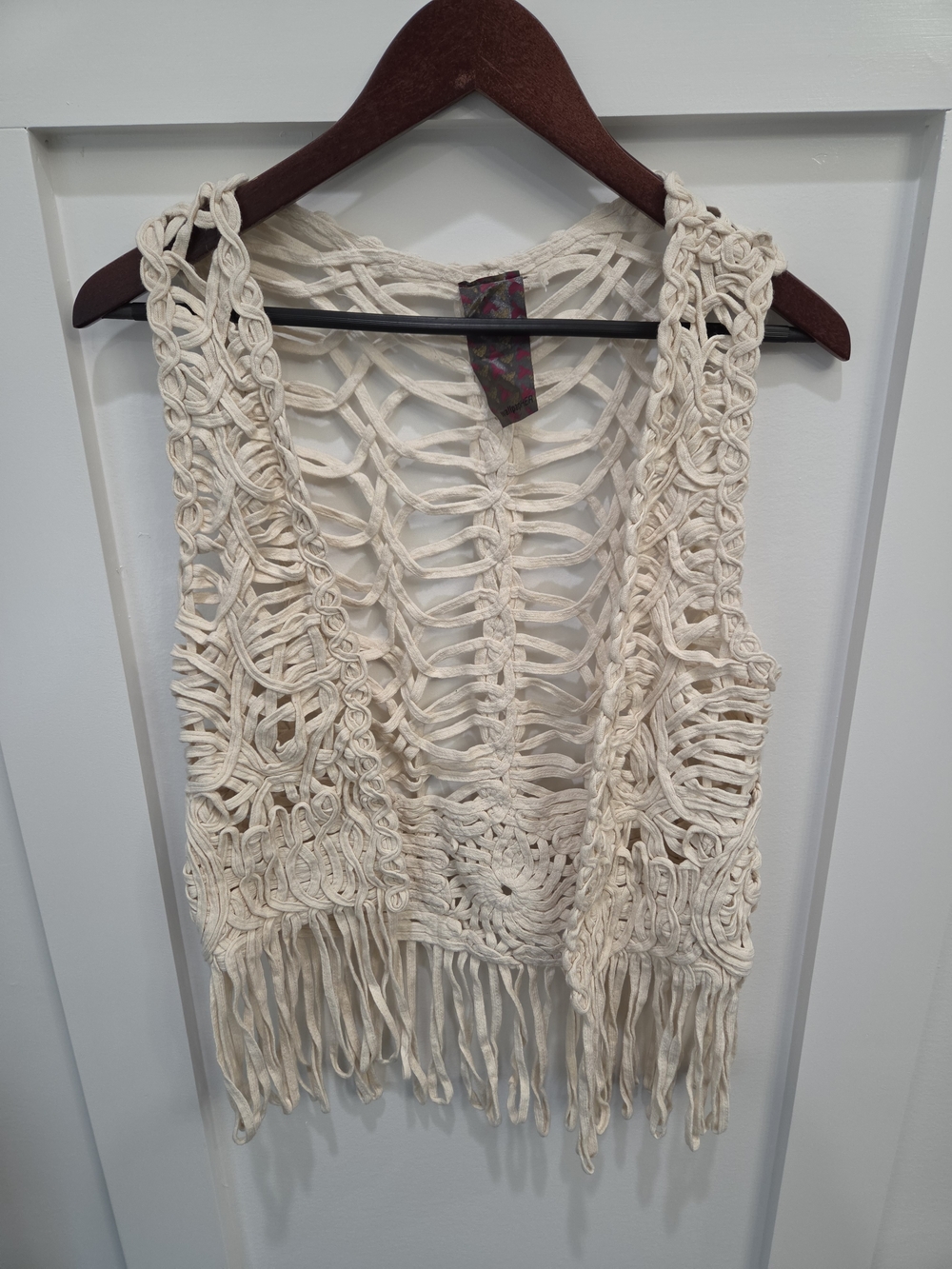 Wallpapher Open-Knit Fringe Tank Top in Cream